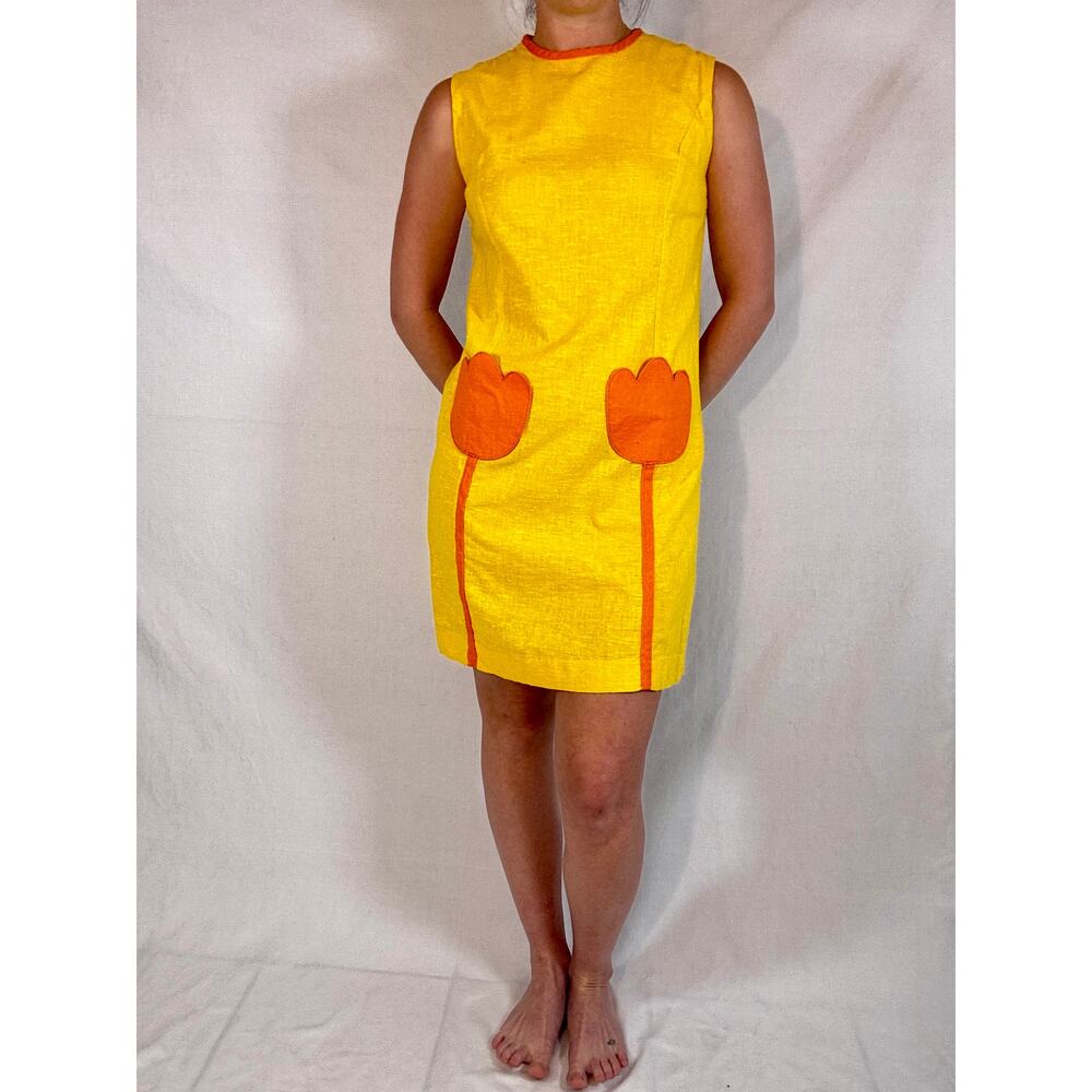 Vintage 1960s Mod Shift Dress Tear Away Skirt Set Yellow Orange Tulip Pockets - Picture 11 of 16